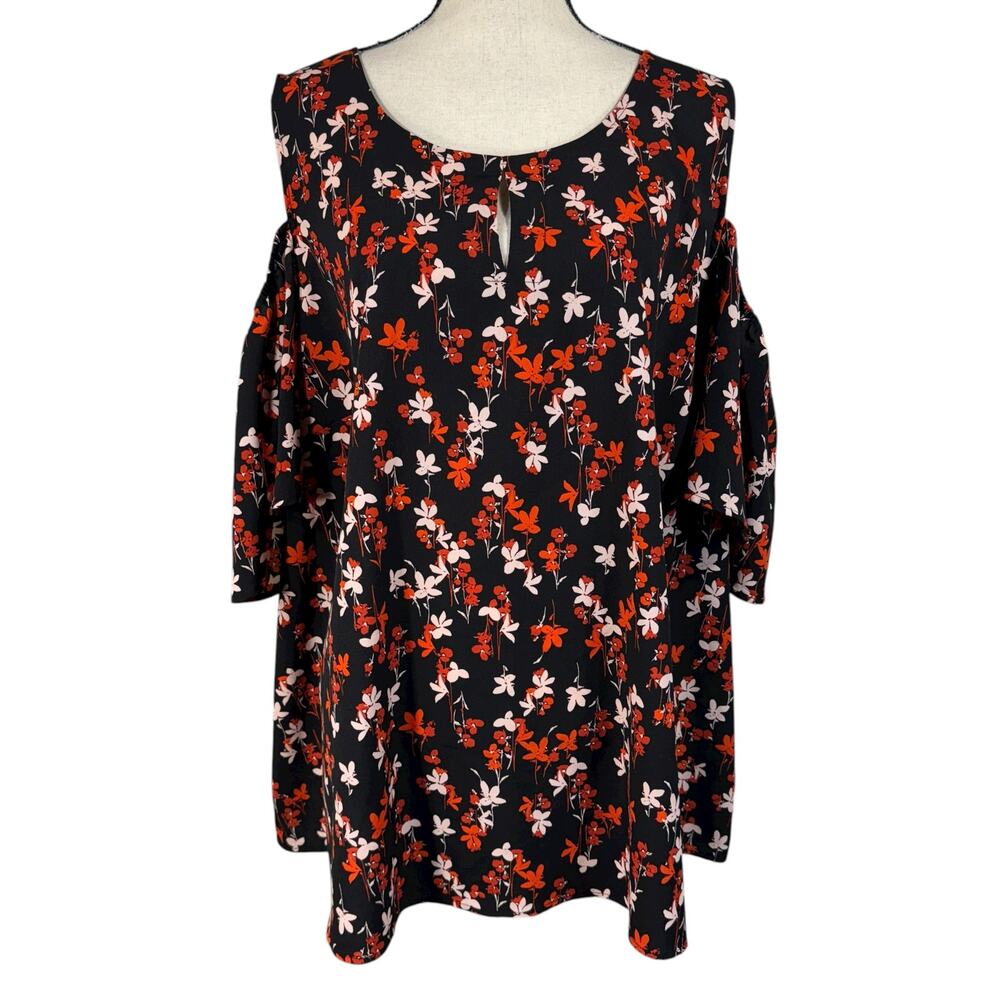 Lane Bryant SZ 26 Top Cold-Shoulder Floral Lightweight Keyhole Flutter Sleeves